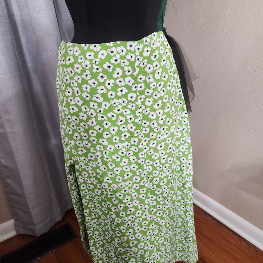 Anthropologie Green Floral Midi Skirt